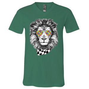 Autism Awareness Puzzle Sunglasses Lion V-Neck T-Shirt