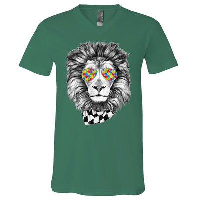 Autism Awareness Puzzle Sunglasses Lion V-Neck T-Shirt