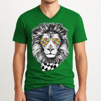 Autism Awareness Puzzle Sunglasses Lion V-Neck T-Shirt