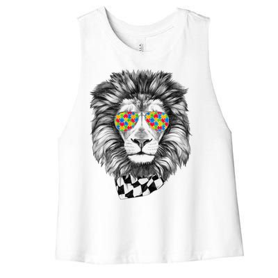 Autism Awareness Puzzle Sunglasses Lion Women's Racerback Cropped Tank