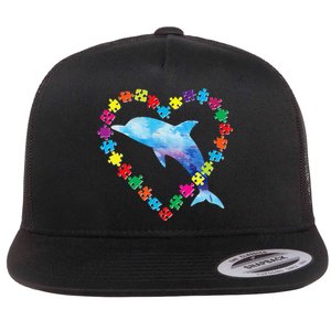 Autism Awareness Puzzle Love Strong Be Kind Dolphin Mom Gift Flat Bill Trucker Hat