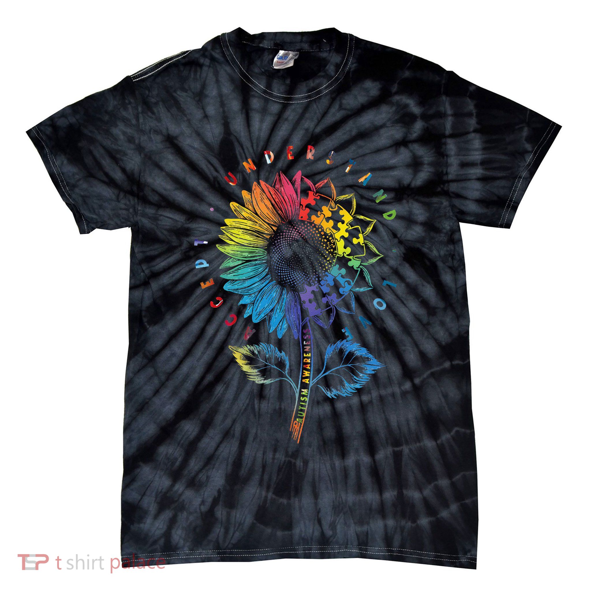 Autism Awareness Puzzle Sunflower Love Accept Understand Tie-Dye T-Shirt