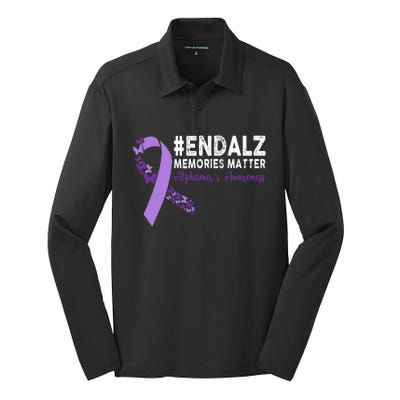 Alzheimers Awareness Purple Ribbon End Alzheimers Silk Touch Performance Long Sleeve Polo