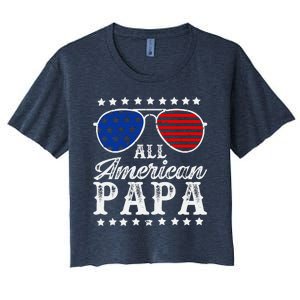 All American Papa 4th Of July  Sunglasses Family  Matching Fathers Day Women's Crop Top Tee