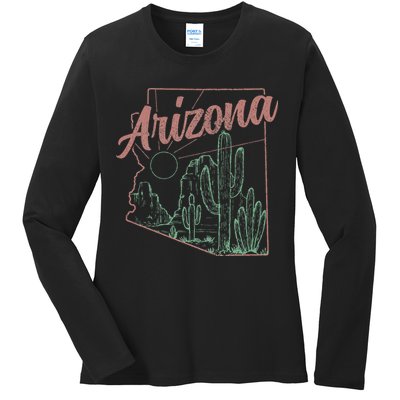 Arizona Az Pride State Map Cactus Desert Vintage Ladies Long Sleeve Shirt