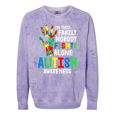 Autism Awareness Puzzle Hand No Fights Alone Family Gift Colorblast Crewneck Sweatshirt