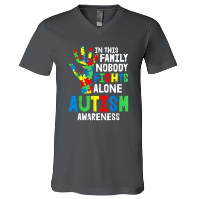 Autism Awareness Puzzle Hand No Fights Alone Family Gift V-Neck T-Shirt