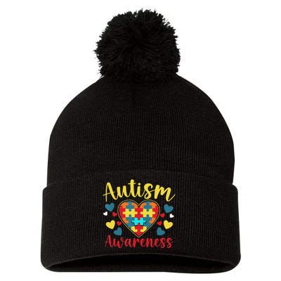 Autism Awareness Puzzle Piece Love Autistic Support Pom Pom 12in Knit Beanie