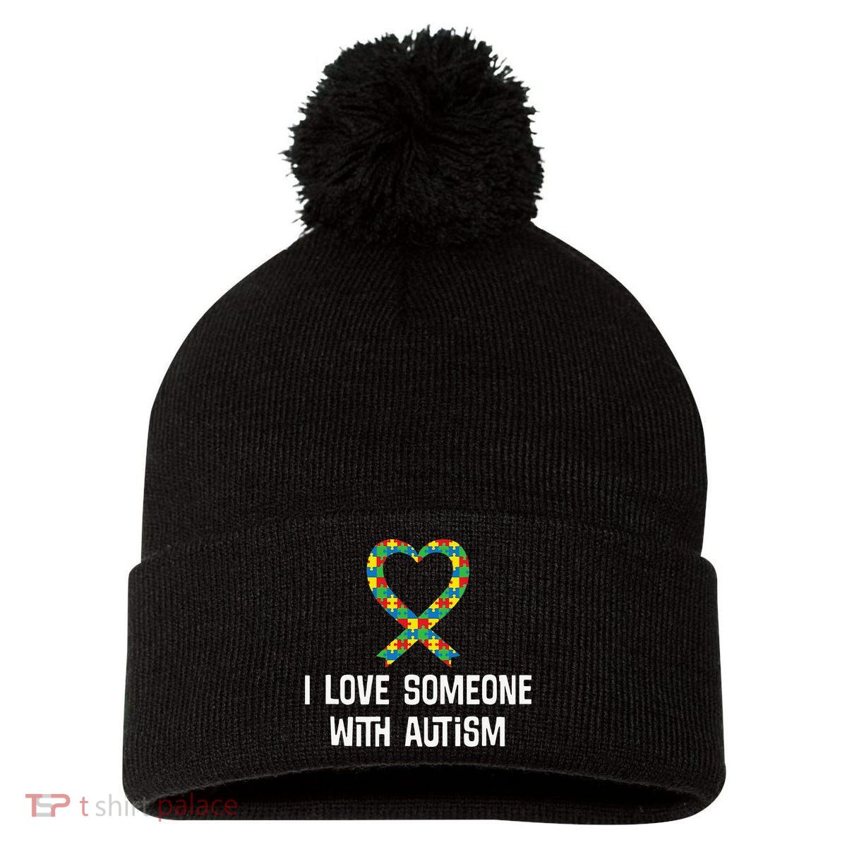 Autism Awareness Puzzle Ribbon Heart Pom Pom 12in Knit Beanie