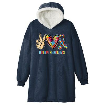 Autism Awareness Peace Love Autism Hooded Wearable Blanket