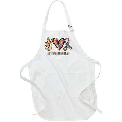 Autism Awareness Peace Love Autism Full-Length Apron With Pockets