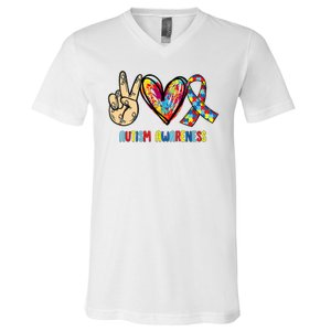 Autism Awareness Peace Love Autism V-Neck T-Shirt