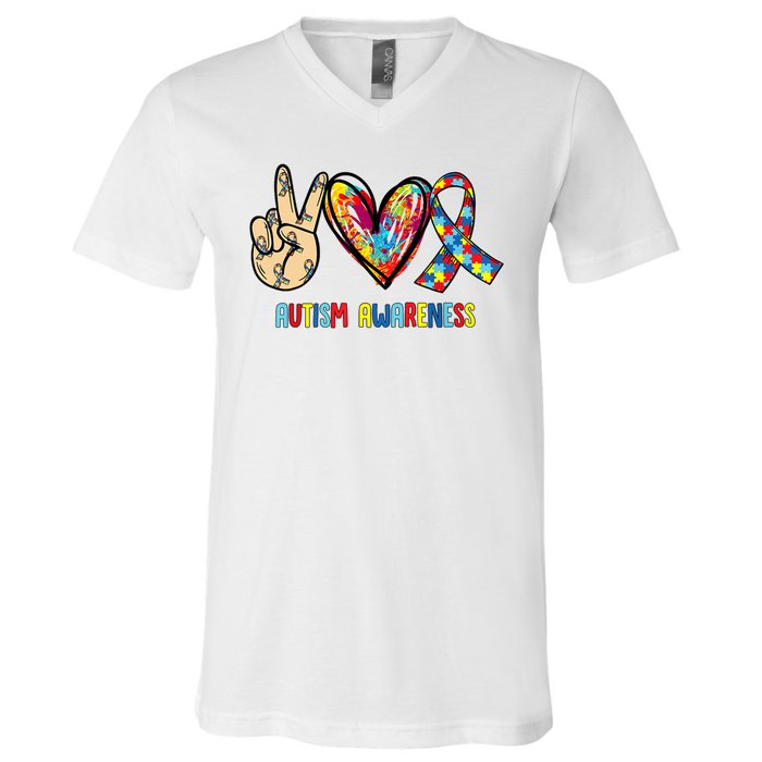 Autism Awareness Peace Love Autism V-Neck T-Shirt