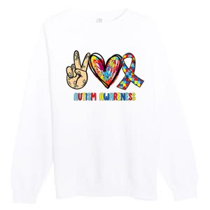 Autism Awareness Peace Love Autism Premium Crewneck Sweatshirt