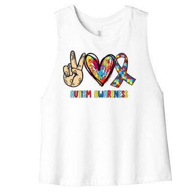 Autism Awareness Peace Love Autism Women's Racerback Cropped Tank