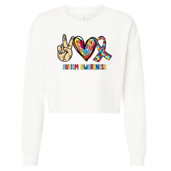 Autism Awareness Peace Love Autism Cropped Pullover Crew