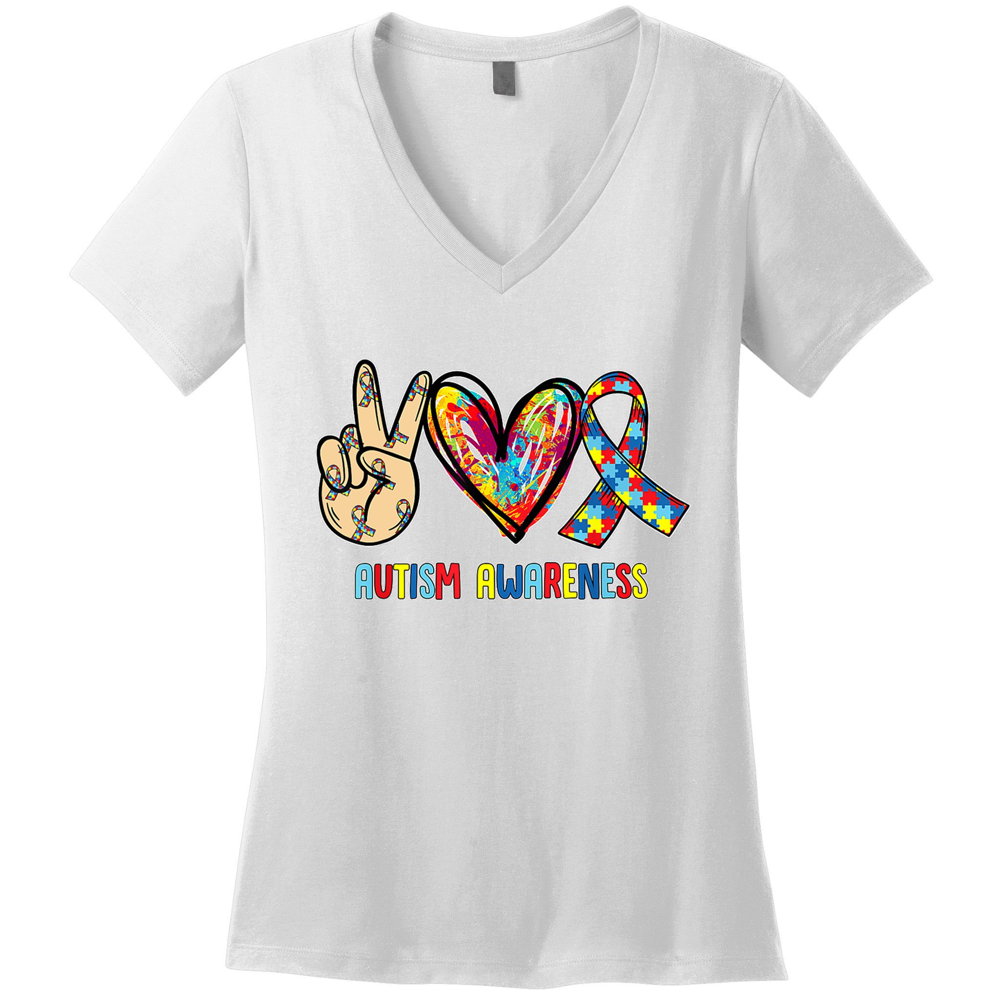 Autism Awareness Peace Love Autism Women's V-Neck T-Shirt