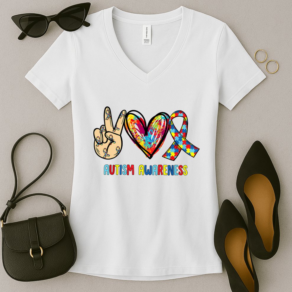 Autism Awareness Peace Love Autism Women's V-Neck T-Shirt