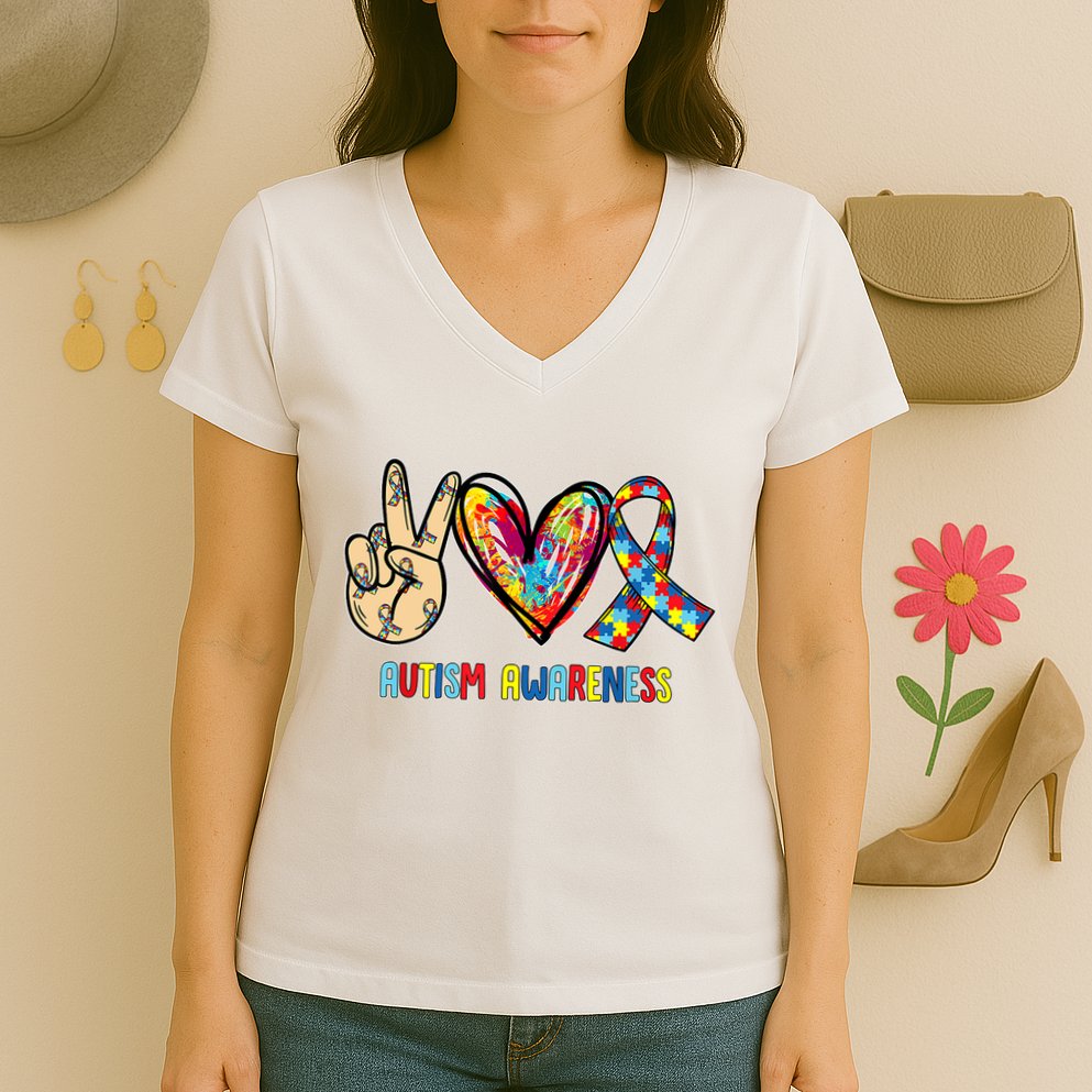 Autism Awareness Peace Love Autism Women's V-Neck T-Shirt