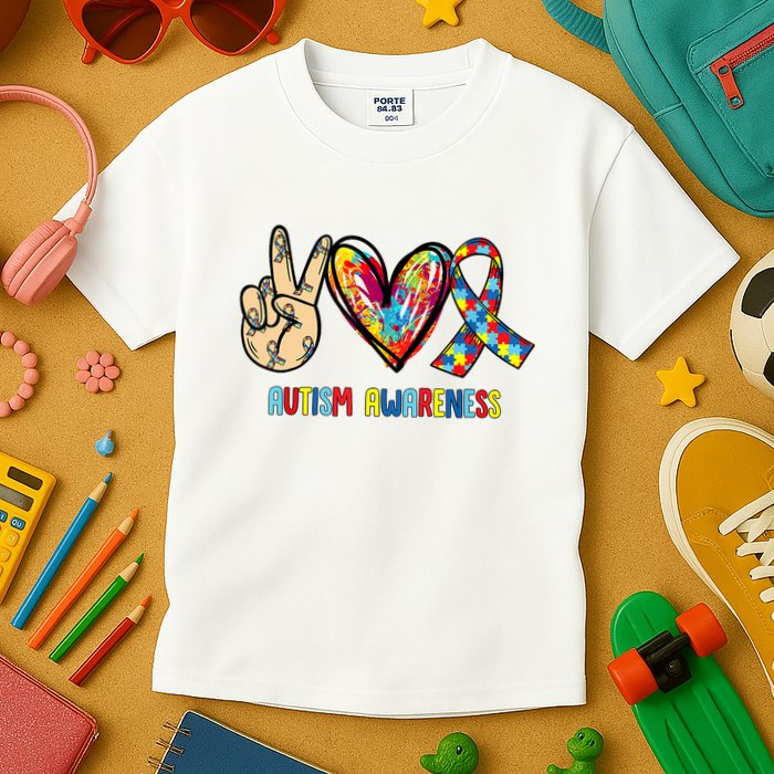 Autism Awareness Peace Love Autism Kids T-Shirt
