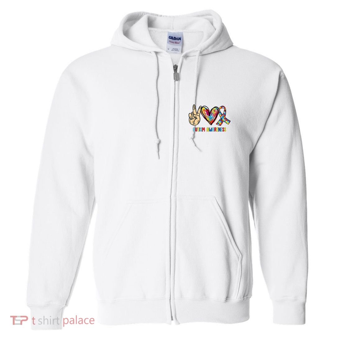 Autism Awareness Peace Love Autism Full Zip Hoodie