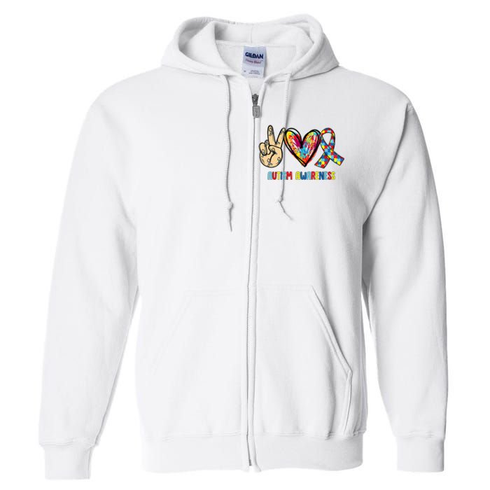 Autism Awareness Peace Love Autism Full Zip Hoodie