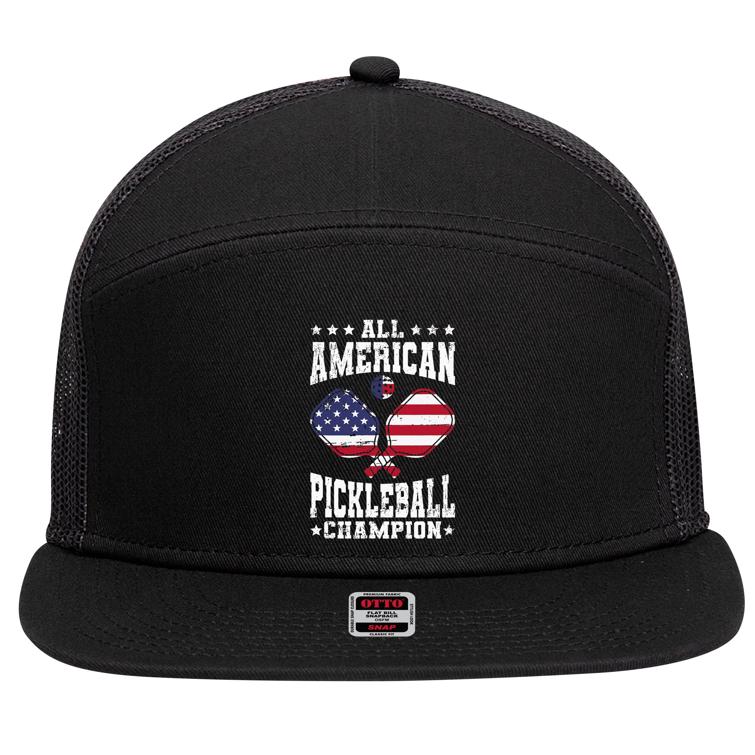 All American Pickleball Champion Patriotic Paddleball 7 Panel Mesh Trucker Snapback Hat