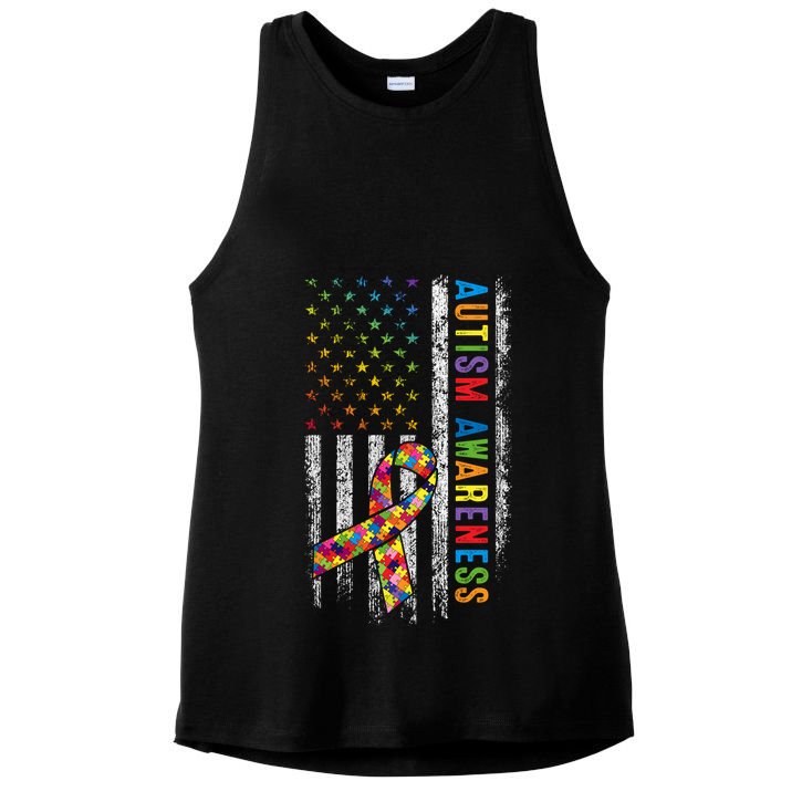 Autism Awareness Puzzle Ribbon Usa Flag Ladies PosiCharge Tri-Blend Wicking Tank