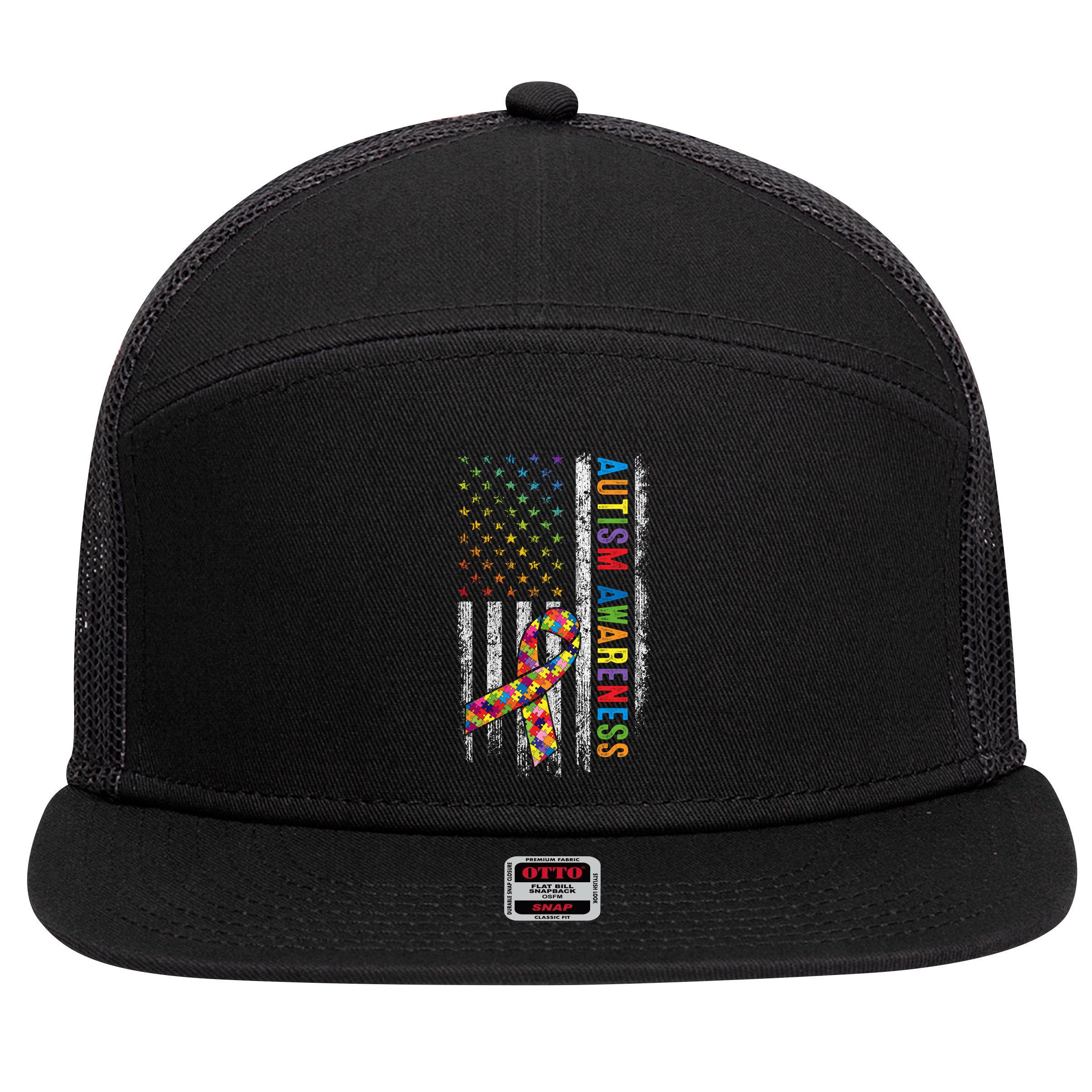 Autism Awareness Puzzle Ribbon Usa Flag 7 Panel Mesh Trucker Snapback Hat