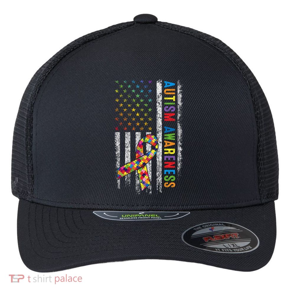 Autism Awareness Puzzle Ribbon Usa Flag Flexfit Unipanel Trucker Cap