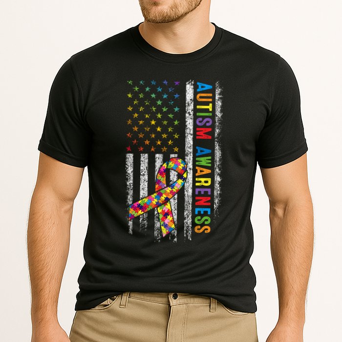 Autism Awareness Puzzle Ribbon Usa Flag Cooling Performance Crew T-Shirt