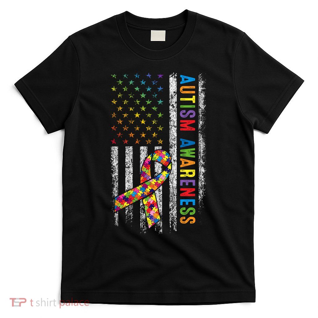 Autism Awareness Puzzle Ribbon Usa Flag T-Shirt