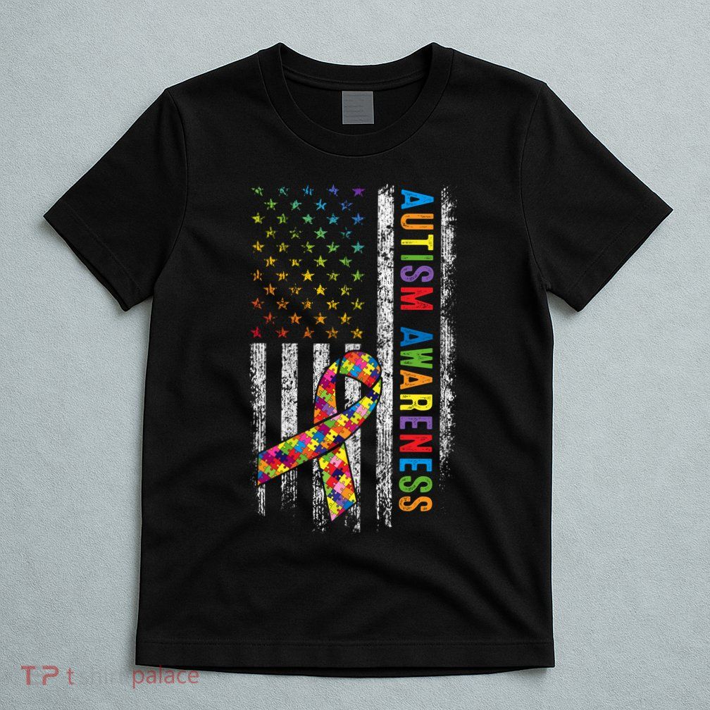 Autism Awareness Puzzle Ribbon Usa Flag T-Shirt