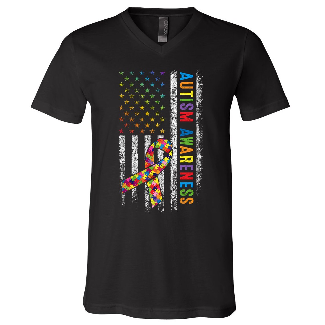 Autism Awareness Puzzle Ribbon Usa Flag V-Neck T-Shirt