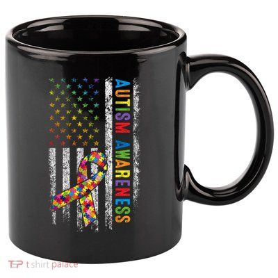 Autism Awareness Puzzle Ribbon Usa Flag 11oz C Handle Ceramic Mug