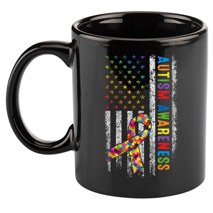 Autism Awareness Puzzle Ribbon Usa Flag 11oz C Handle Ceramic Mug