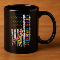 Autism Awareness Puzzle Ribbon Usa Flag 11oz C Handle Ceramic Mug