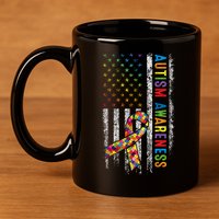 Autism Awareness Puzzle Ribbon Usa Flag 11oz C Handle Ceramic Mug