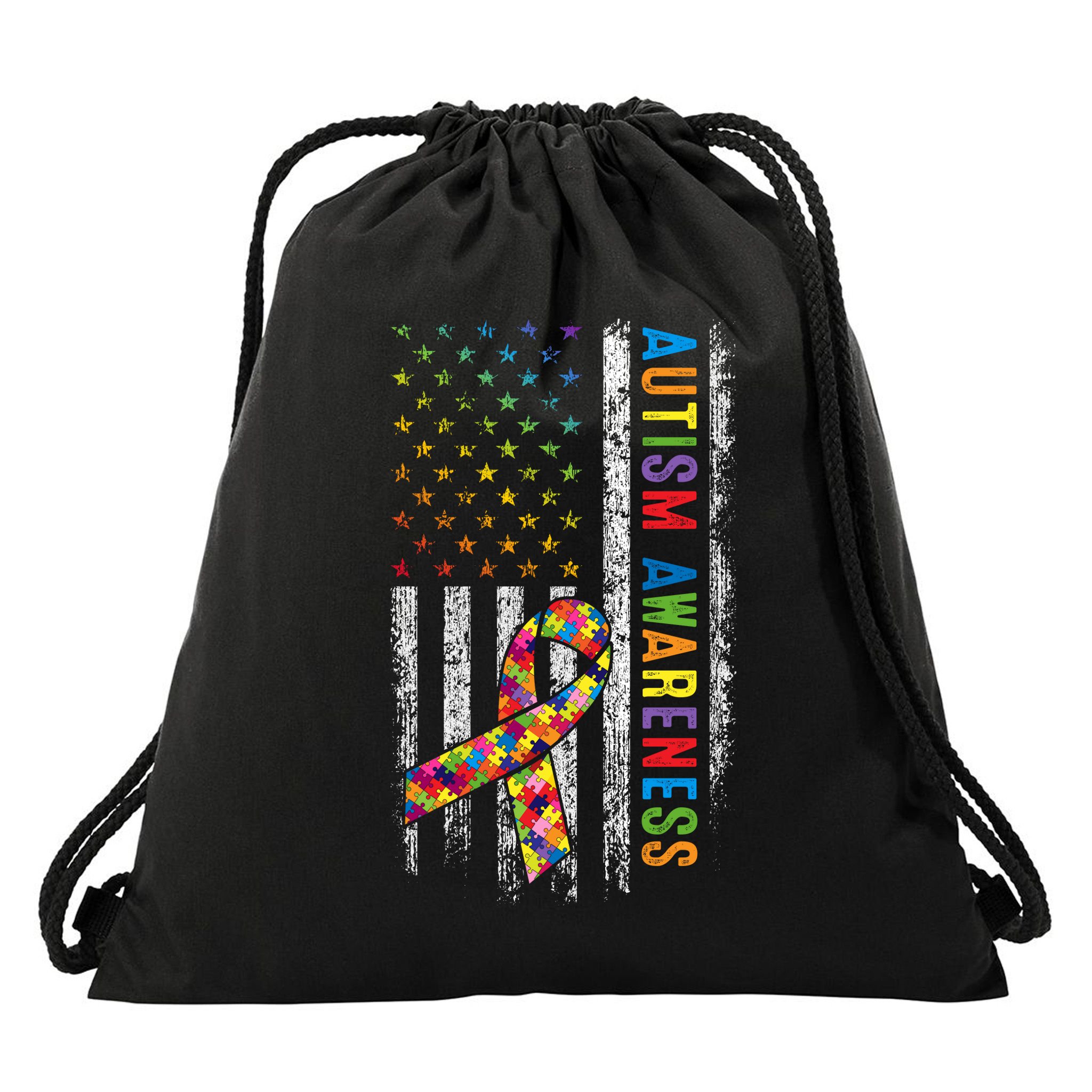 Autism Awareness Puzzle Ribbon Usa Flag Drawstring Bag