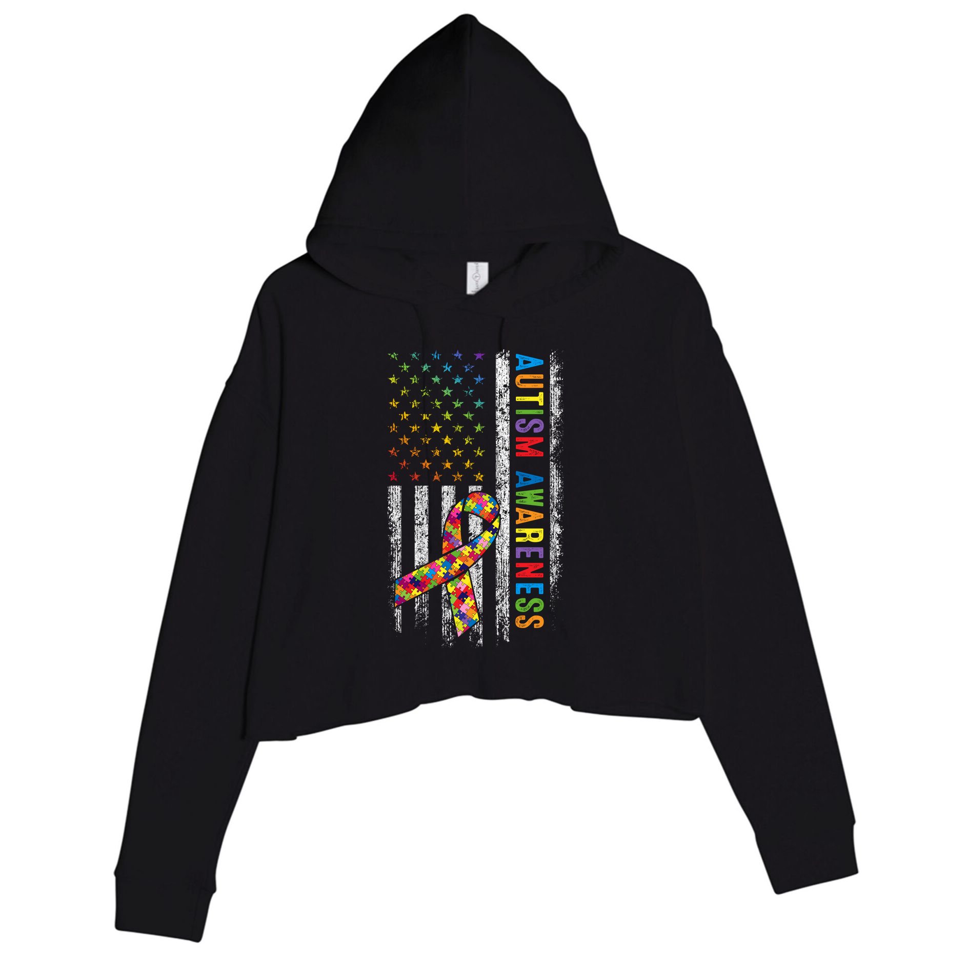 Autism Awareness Puzzle Ribbon Usa Flag Crop Fleece Hoodie
