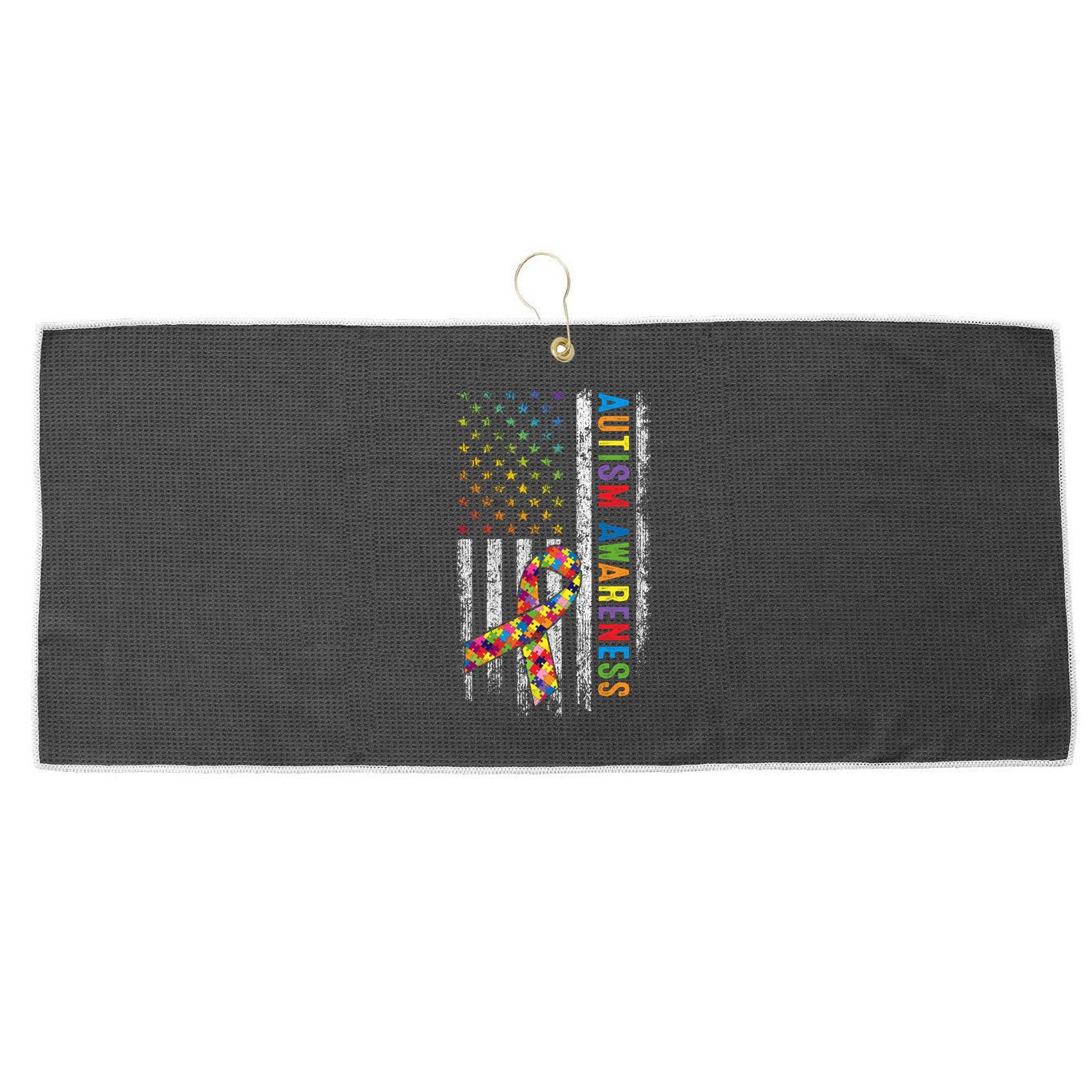 Autism Awareness Puzzle Ribbon Usa Flag Large Microfiber Waffle Golf Towel