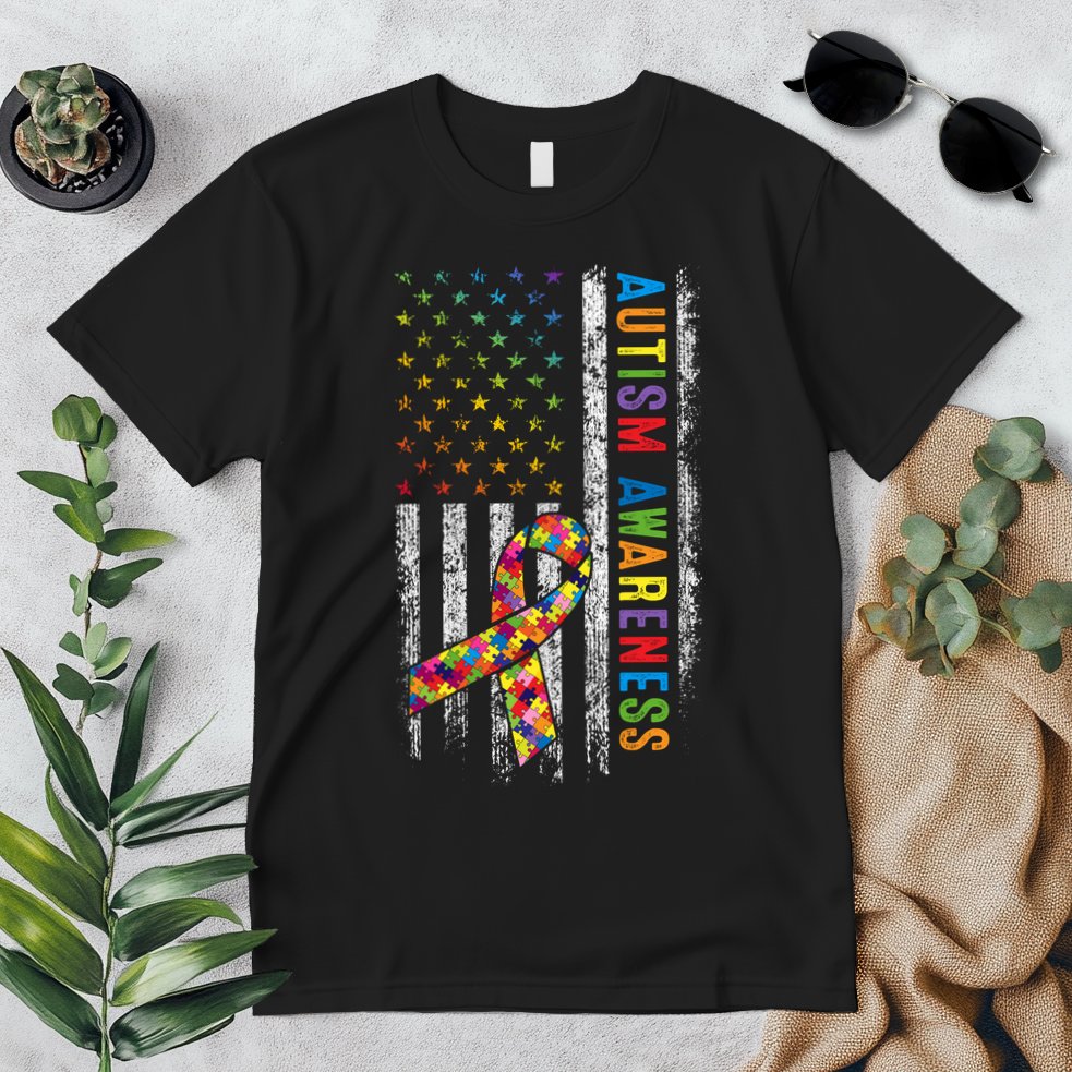 Autism Awareness Puzzle Ribbon Usa Flag Premium T-Shirt