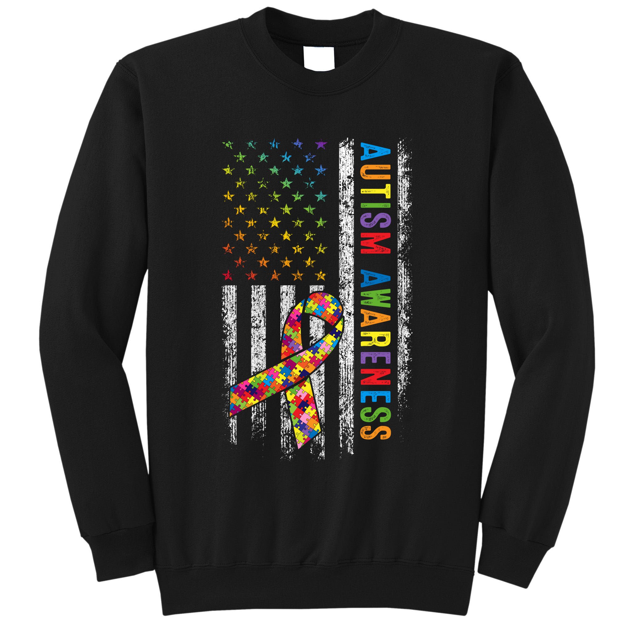 Autism Awareness Puzzle Ribbon Usa Flag Tall Sweatshirt