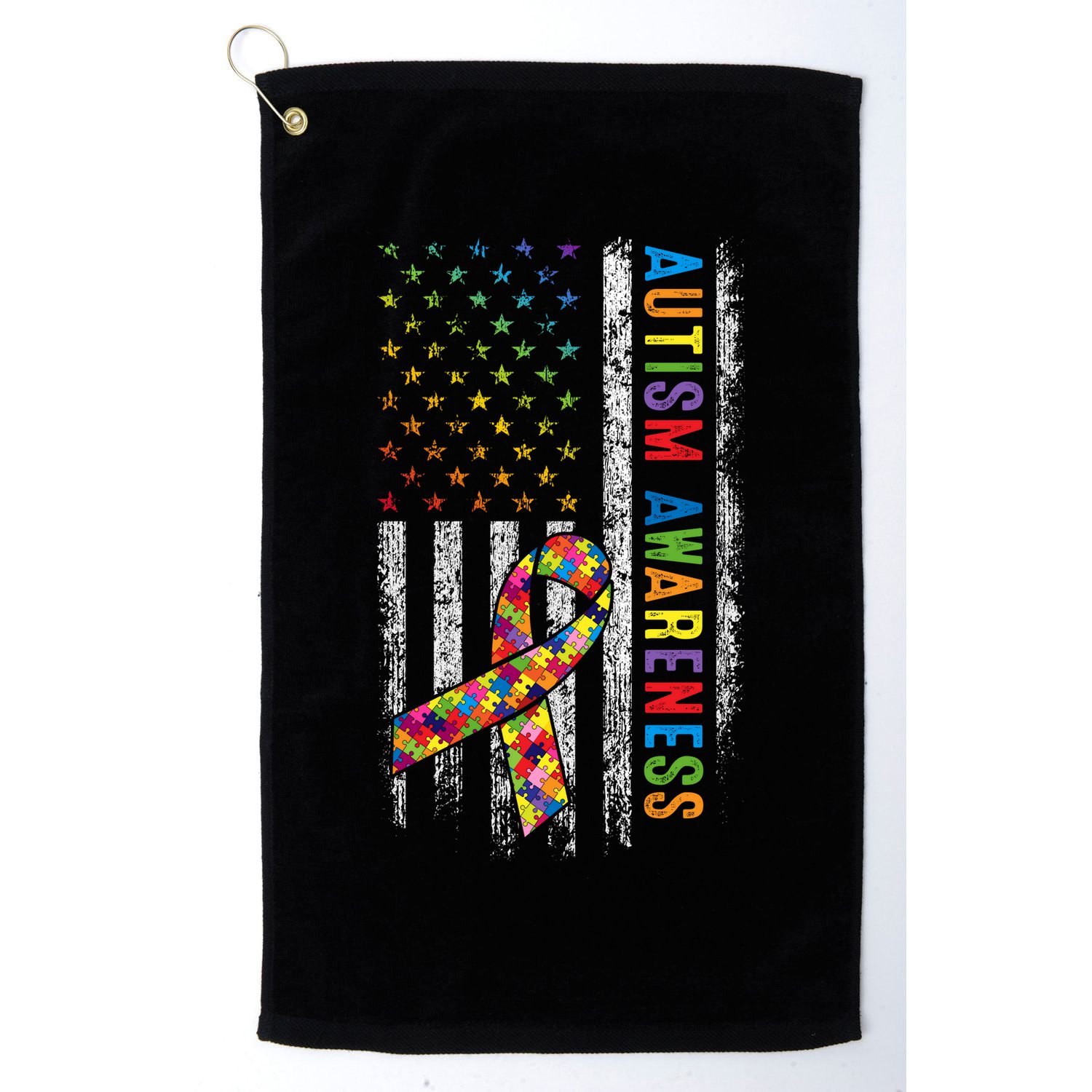 Autism Awareness Puzzle Ribbon Usa Flag Golf Towel