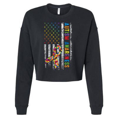 Autism Awareness Puzzle Ribbon Usa Flag Cropped Pullover Crew