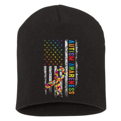 Autism Awareness Puzzle Ribbon Usa Flag Short Acrylic Beanie