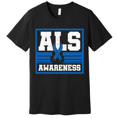 ALS Awareness Patient Support Blue Ribbon Recovery Premium T-Shirt