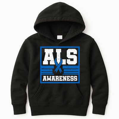 ALS Awareness Patient Support Blue Ribbon Recovery Kids Hoodie