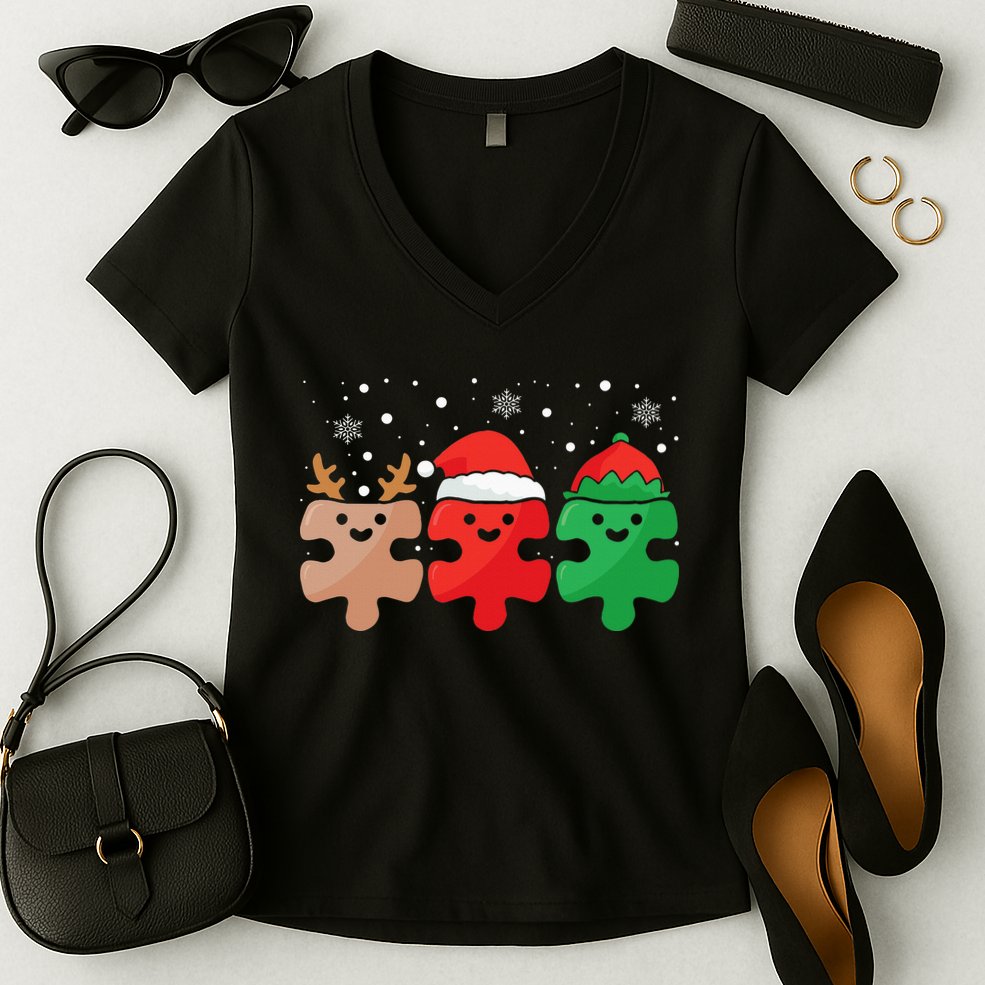 Autism Awareness Puzzle Christmas Autistic Xmas Pajama Women's V-Neck T-Shirt