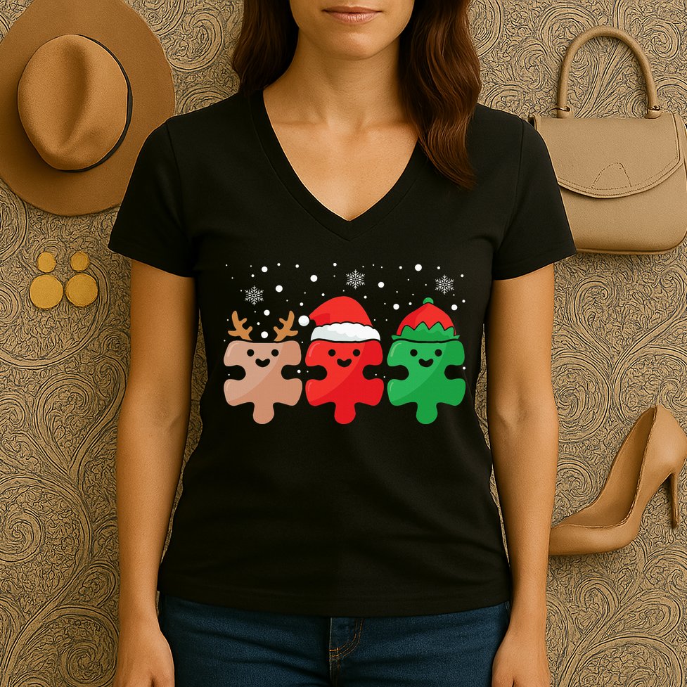 Autism Awareness Puzzle Christmas Autistic Xmas Pajama Women's V-Neck T-Shirt
